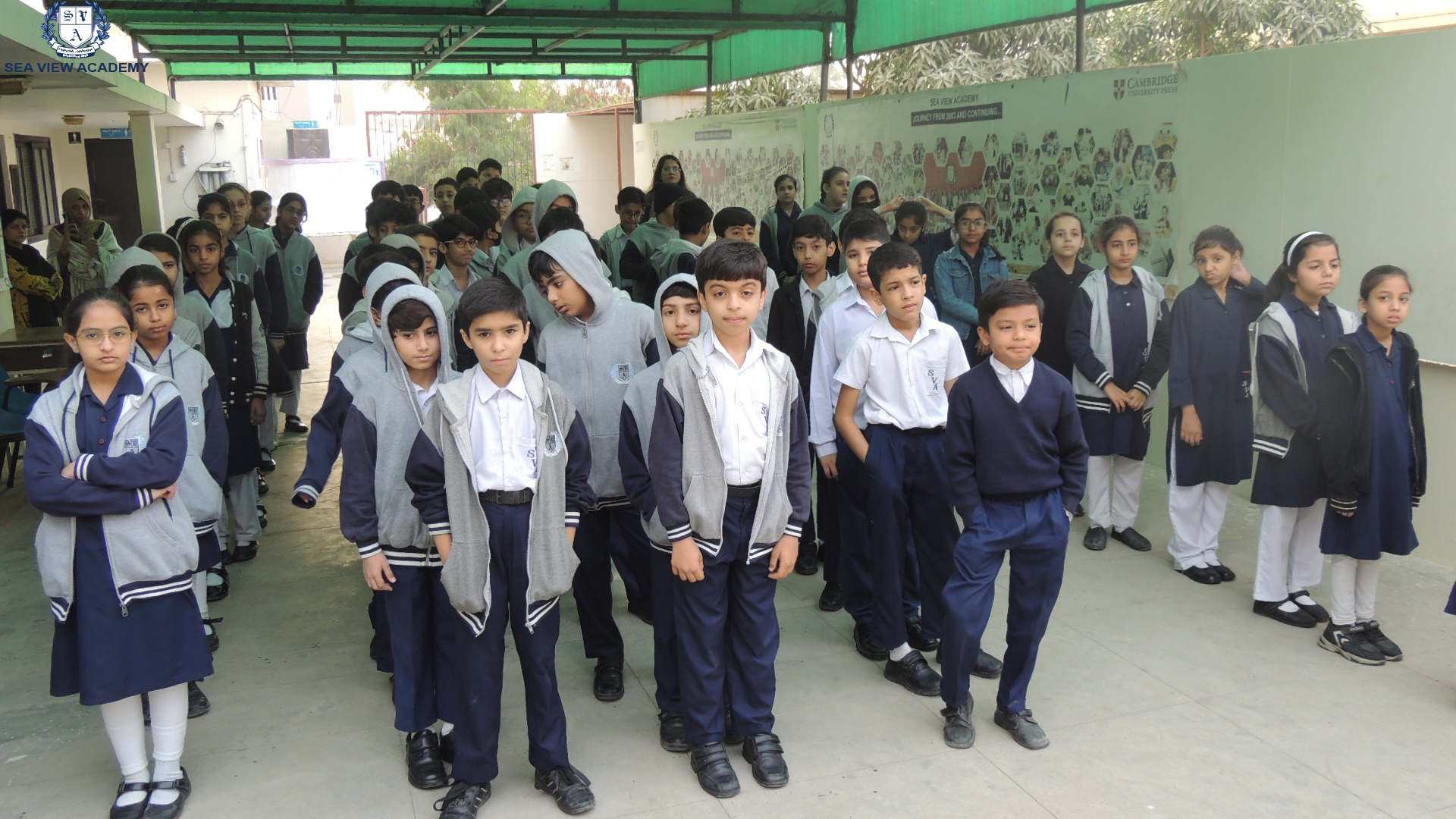Sea View Academy students gathered in the school courtyard